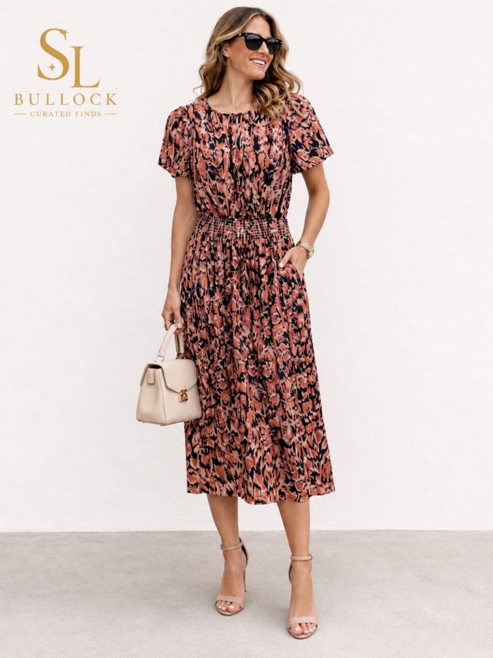 Evereve Smocked Midi Dress XS NWT $128 Rose Pink Black Print Pockets Flowy Boho